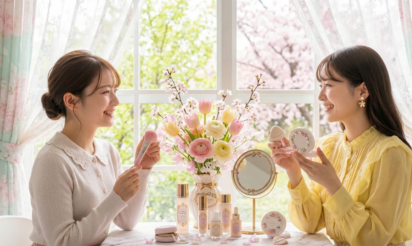 コスメを手に話す2人の女性
