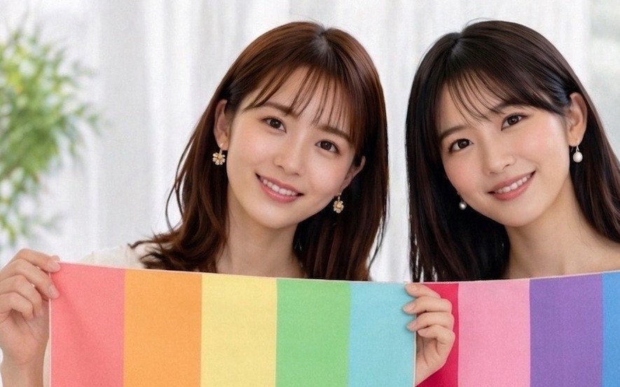16タイプのドレープを持って並ぶ2人の女性